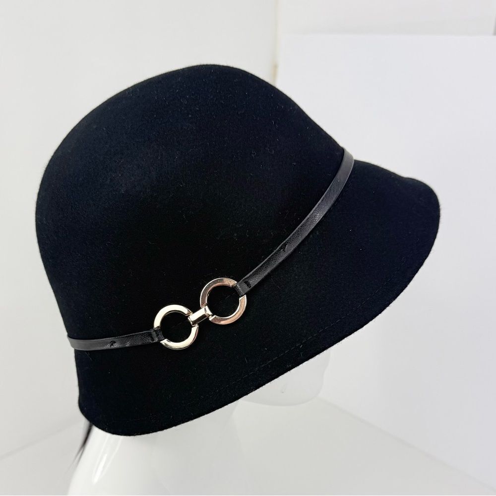 Liz Claiborne Black 100% Wool Cloche Hat with Metallic Ring Headband NEW